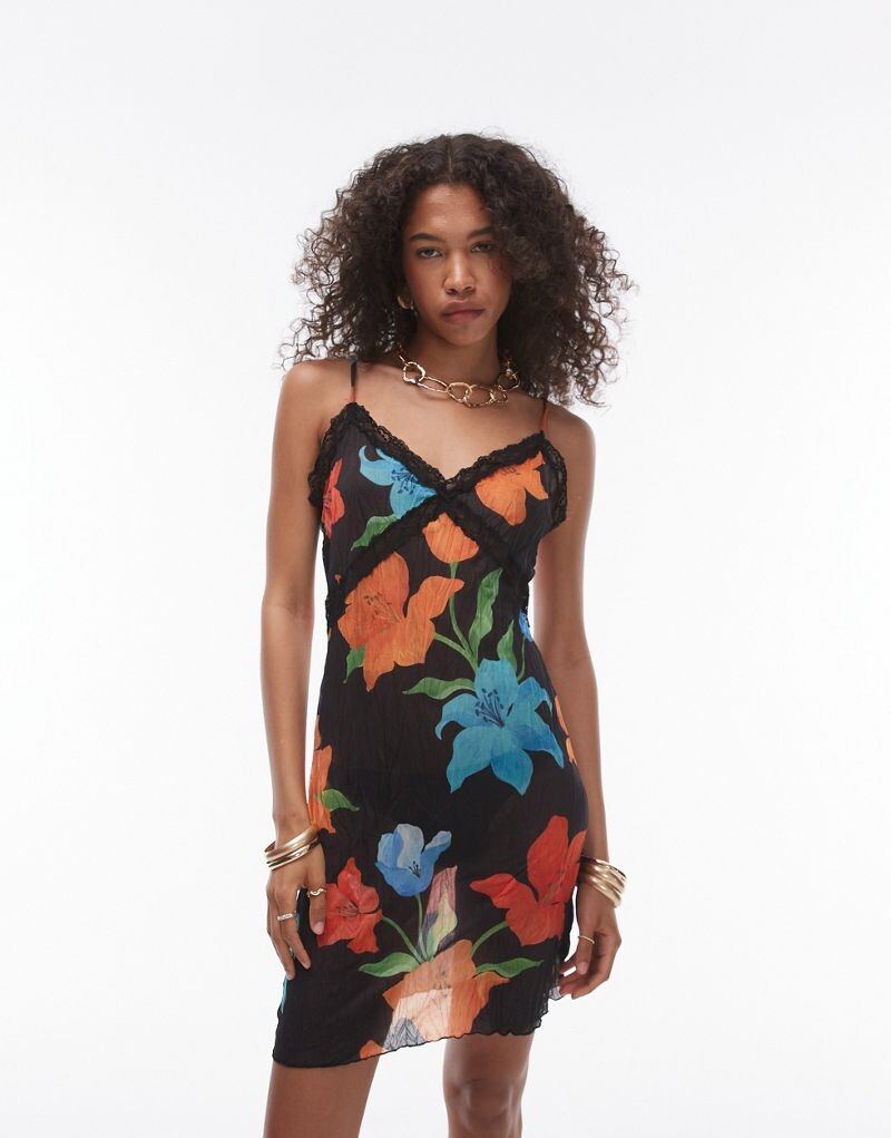 

Прозрачное мини-платье с жатой кружевной отделкой Topshop
