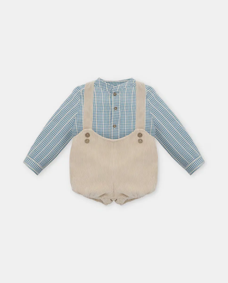 

Комплект для мальчика из клетчатой ​​рубашки и шароваров с вельветовыми подтяжками песочного цвета Martín Aranda, синий