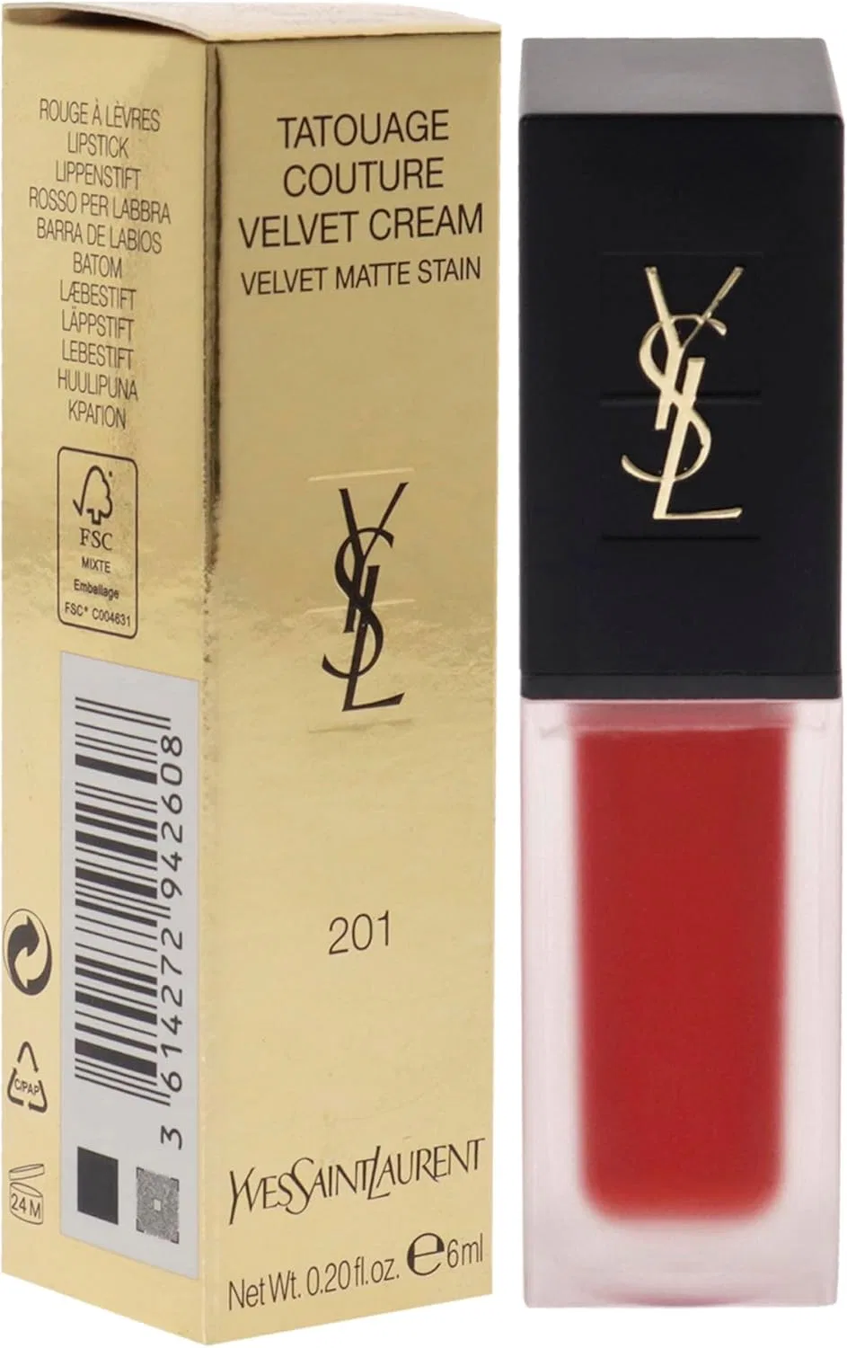Матовая жидкая помада Yves Saint Laurent Couture Velvet Cream, оттенок 201 Rouge Tatouage, 6 мл — фото 3
