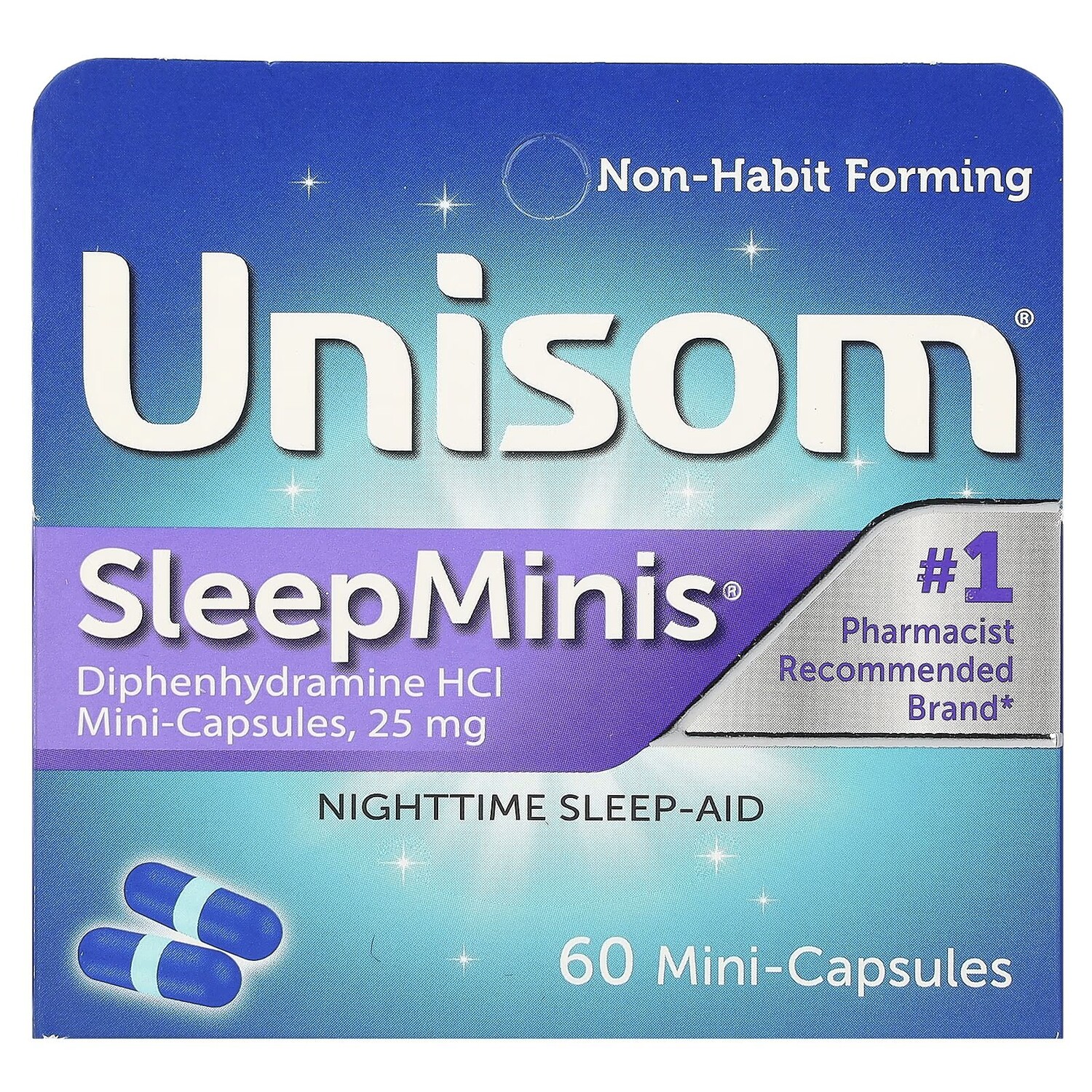 

SleepMinis, Средство для сна в ночное время, 25 мг, 60 мини-капсул Unisom