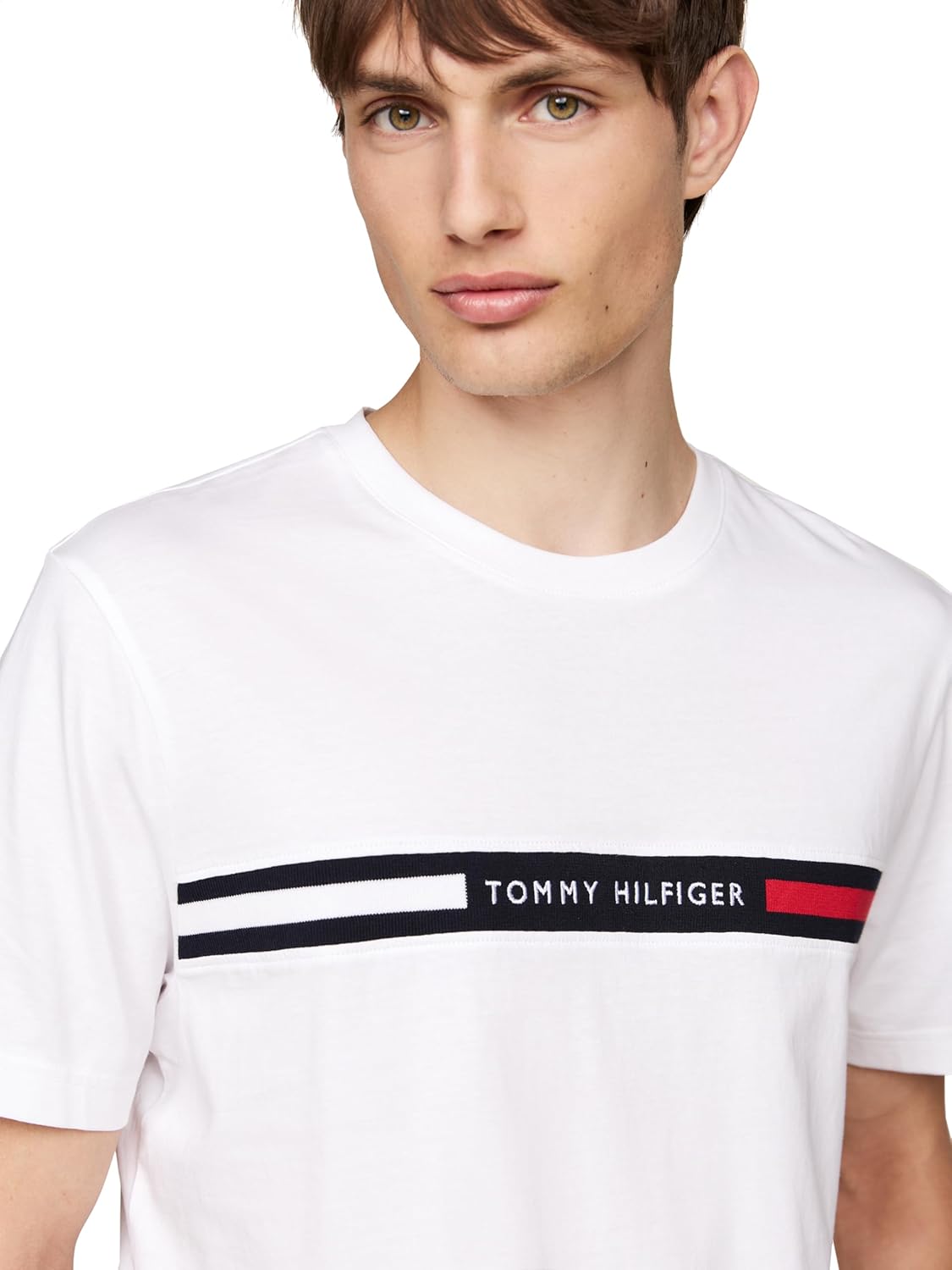 Мужские хлопковые футболки Tommy Hilfiger с коротким рукавом и фирменным логотипом в полоску, также доступны в размерах для больших и высоких женщин., White — фото 2