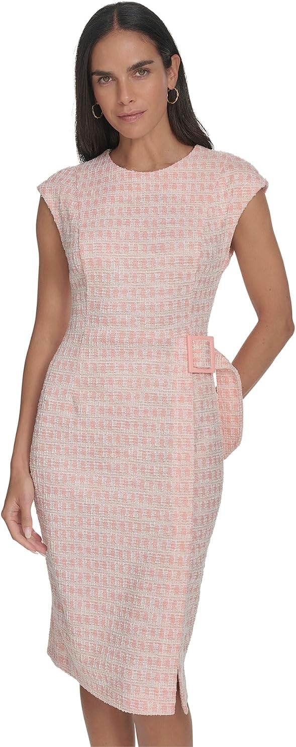 

Женское твидовое платье Calvin Klein с короткими рукавами и поясом, Mango Cream