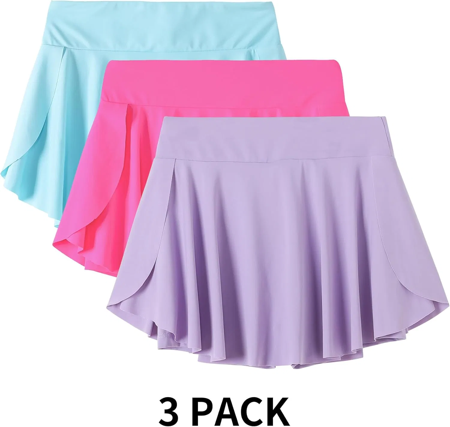 Спортивная юбка-шорты для девочек, Athletic Skirts for Tennis Golf, Butterfly Flowy Shorts for Kids, Hvididan, 3 Pack (rose pink+blue+purple) — фото 3