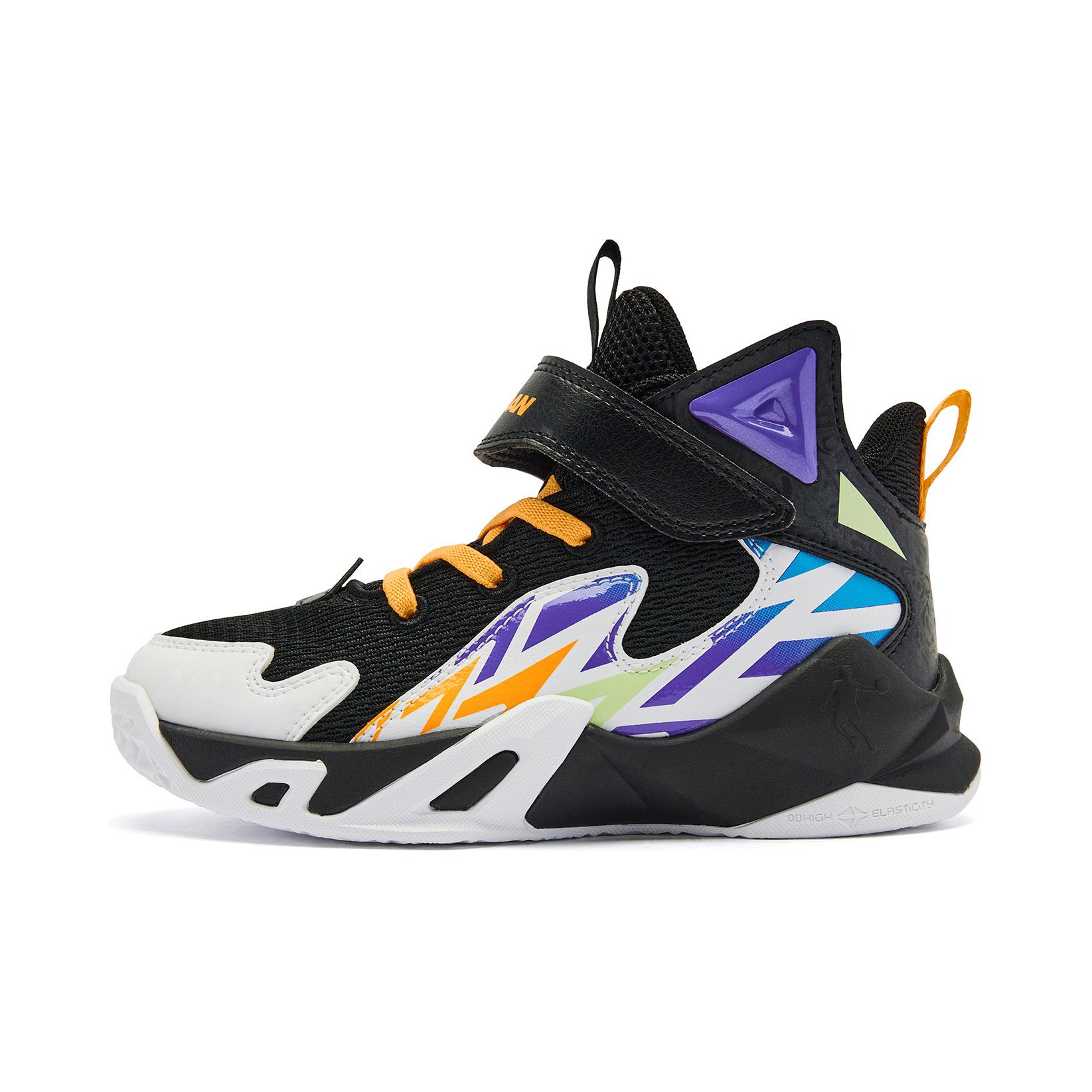 

QIAODAN Детские баскетбольные кроссовки среднего размера с противоскользящей подошвой, износостойкие, черно-фиолетовые, для детей 3–7 лет