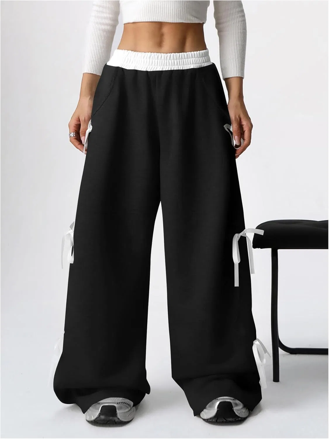 Детские спортивные штаны Verdusa Coquette Bow Wide Leg Baggy Pants Lightweight Cute Spring Summer Sweatants с карманами для девочек, Grey Black — фото 4
