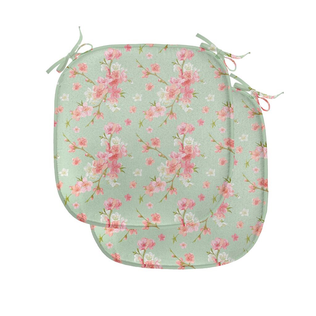 

Подушки на обеденный стул ABAKUHAUS Shabby Flora, весенние цветы в стиле ретро, ​​декоративная водонепроницаемая подушка с ремнями для кухонных сидений, 40 см x 40 см — упаковка из 2 шт., мятно-розовый, серебро