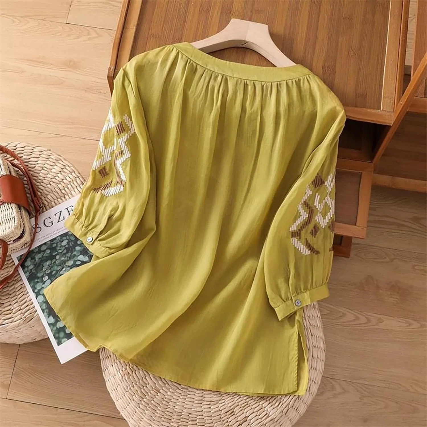 Блуза из льна и хлопка, женская, Linen Shirts for Women, желтая — фото 4