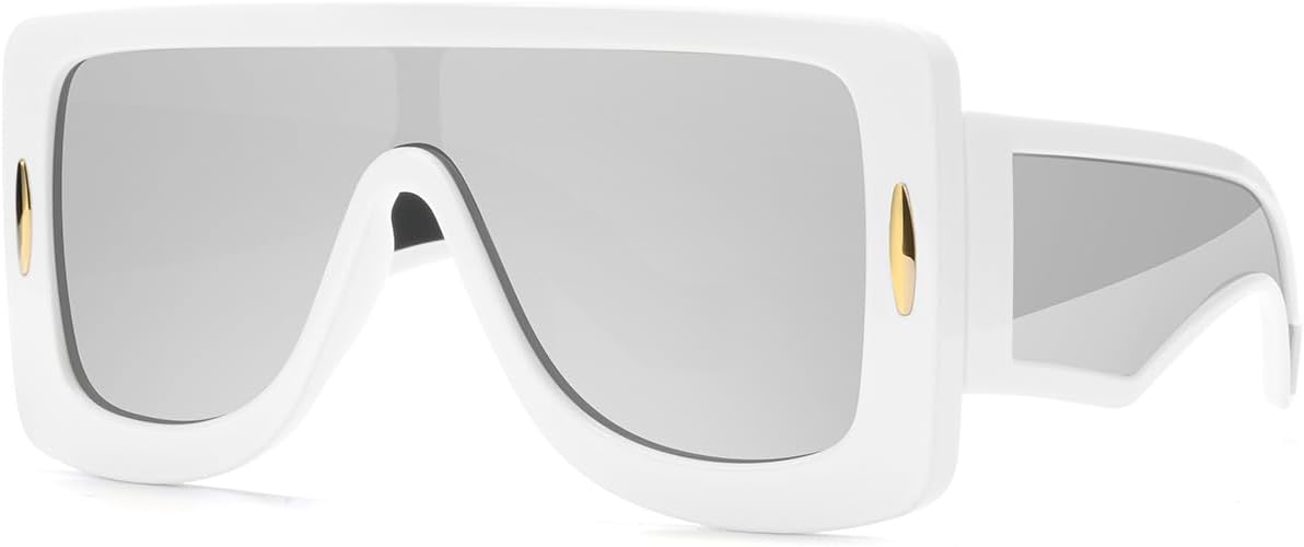 

Модные солнцезащитные очки-маска с анаграммой для женщин и мужчин, большие, с плоской верхней частью, модные солнцезащитные очки-щитки с защитой от УФ-излучения GFUIARA, White/Silver