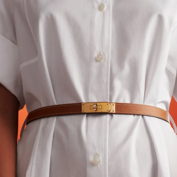 HERMES Ремень из телячьей кожи Эпсом для женщин слоновая кость золотисто-коричневый, Elephant Gray/Gold Brown — фото 4