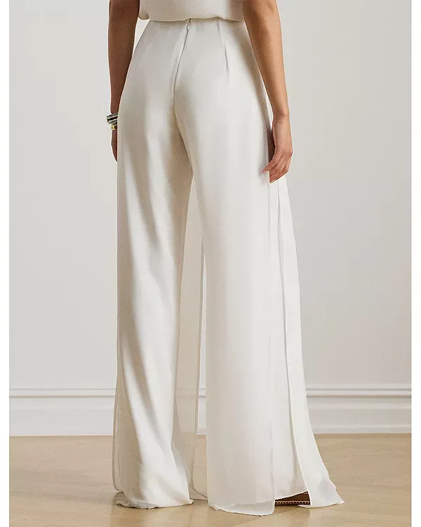 Широкие брюки из жоржета с отделкой из шифона Ralph Lauren, White — фото 3