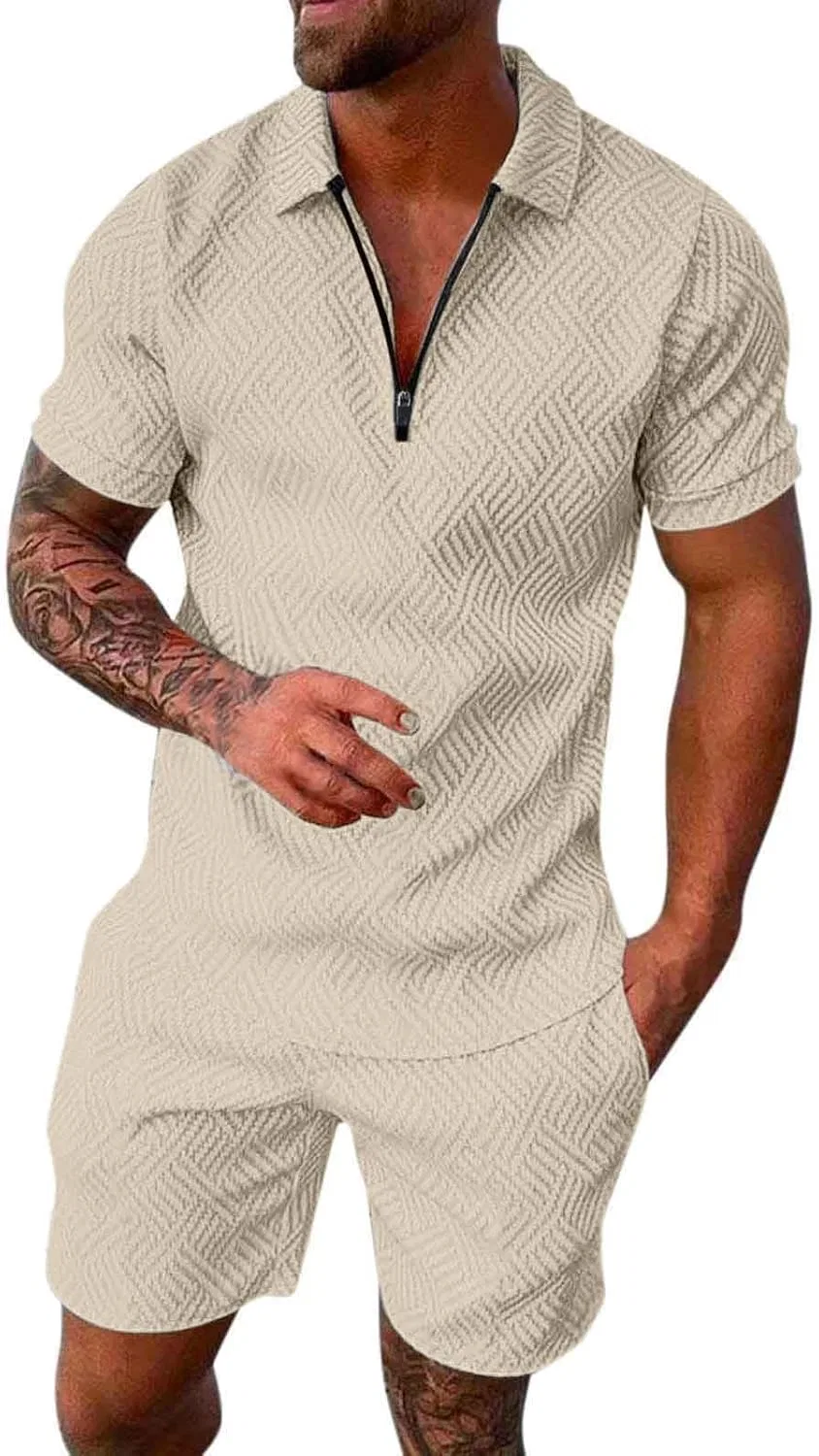 Спортивный костюм с поло и шортами, полоска, Beige