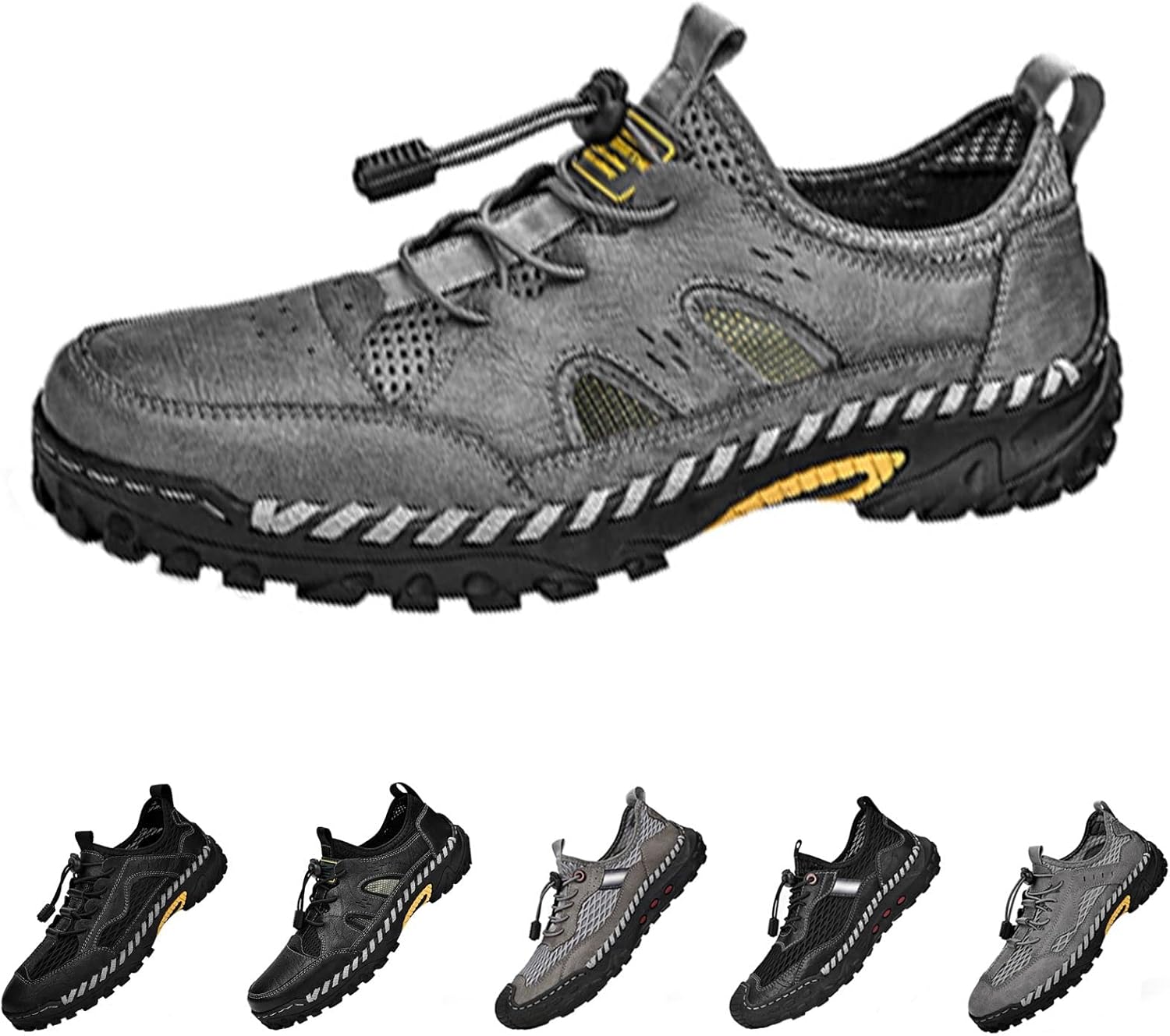 

Мужские сетчатые сандалии с регулируемой шнуровкой, ручная прошивка, дышащая кожа, водонепроницаемые, нескользящие, для прогулок, походов и пляжа Crepuscute, черный