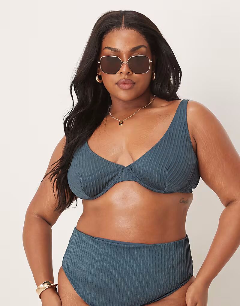 

Бикини-топ Curve Riddy на косточках в рубчик, сланцево-голубой цвет Asos Curve