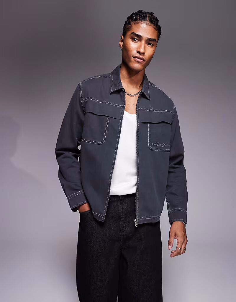 

Рубашка свободного кроя серого цвета с вышивкой на груди Asos Design