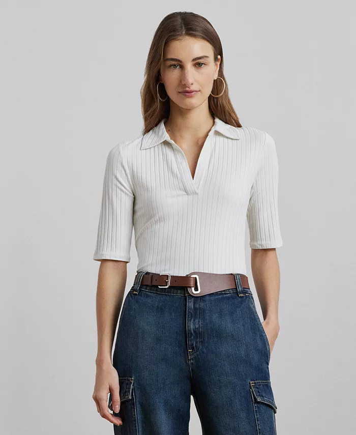 

Женская поло с ребристой вязкой и рукавом 3/4 Lauren Ralph Lauren, белый