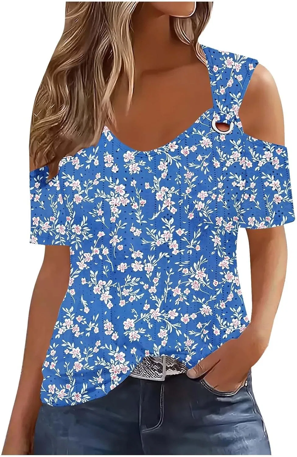 Блуза с открытыми плечами, Eyelet, короткий рукав, мультиколор, 16A