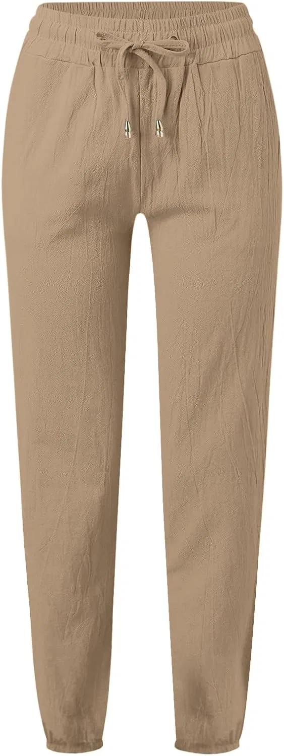 Женские широкие брюки с высокой талией, Cotton Linen, с карманами, A02_khaki — фото 3