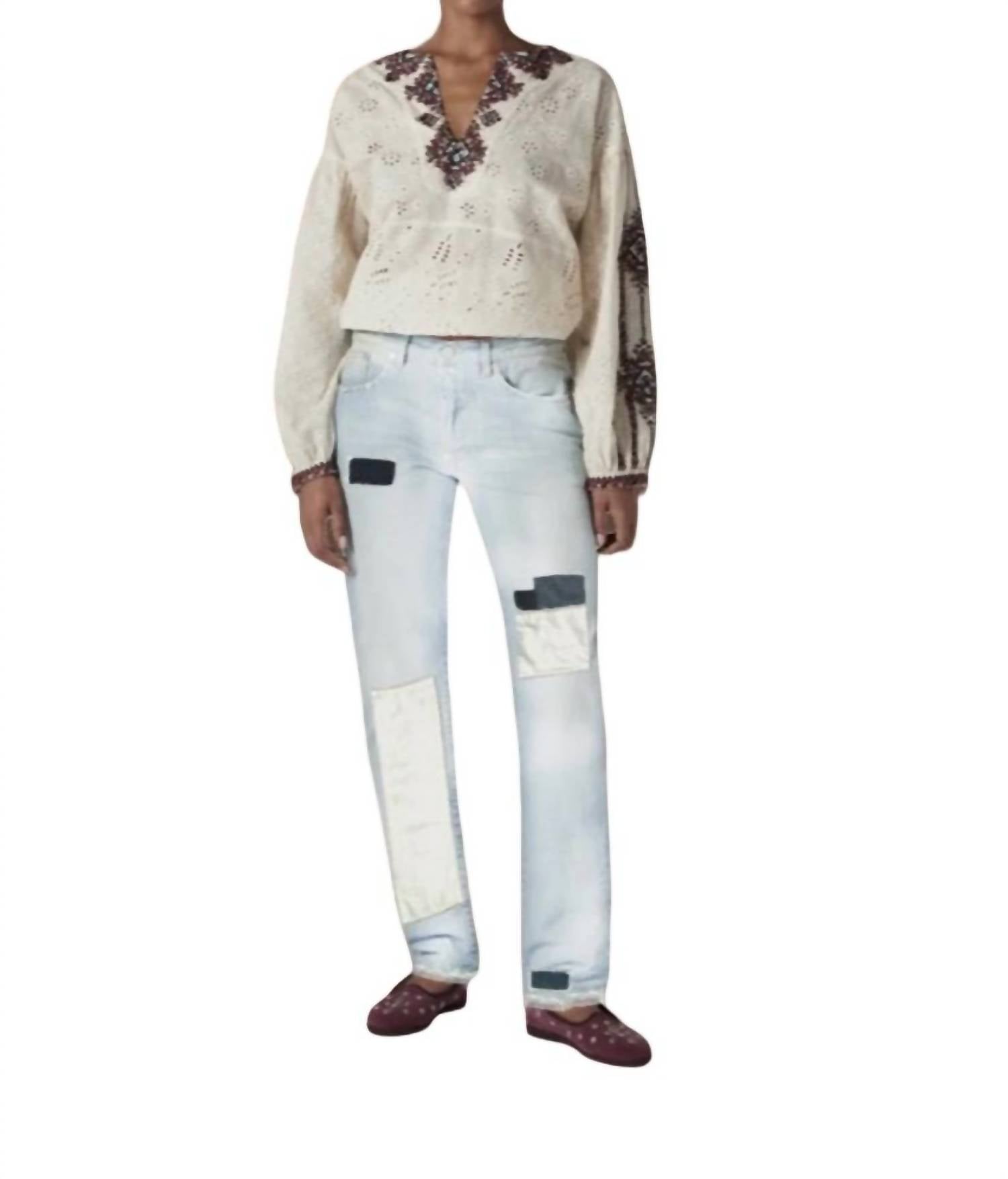 

Fortela Джинсовые брюки с пятью карманами, в стиле пэчворк, светло-голубого цвета