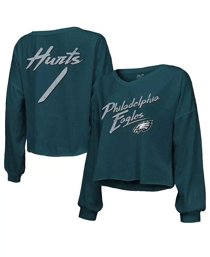 

Женские нитки Jalen Hurts Midnight Green Philadelphia Eagles Имя и номер Укороченная футболка с открытыми плечами и надписью с длинными рукавами и v-образным вырезом Majestic