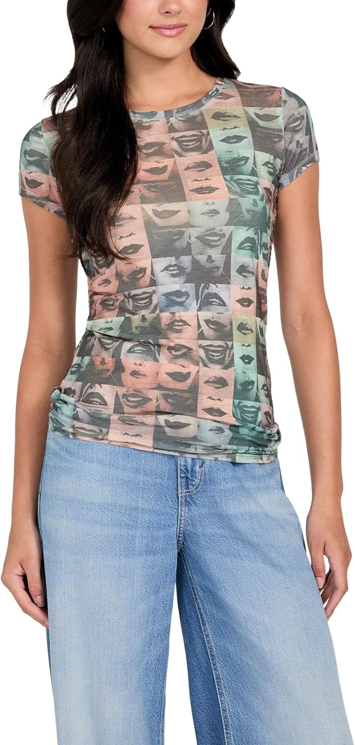 

Женская футболка с коротким рукавом в клетку и принтом губ GUESS, Pure Choco Multi