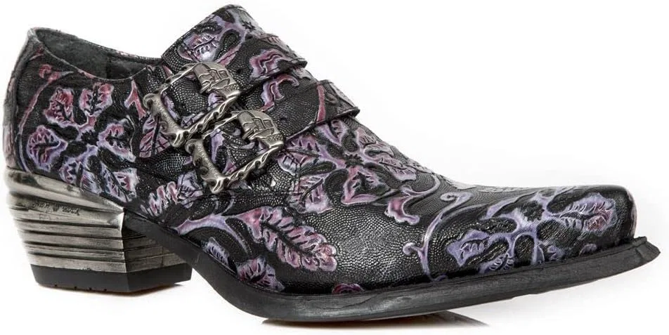 New Rock 7960-S8 Кожаные ботинки, черные, винтажный дизайн, металлический каблук и пряжка — фото 2