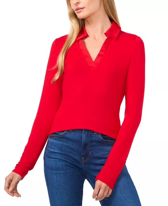 

Женский трикотажный топ с длинными рукавами и вязаным воротником Cece, красный