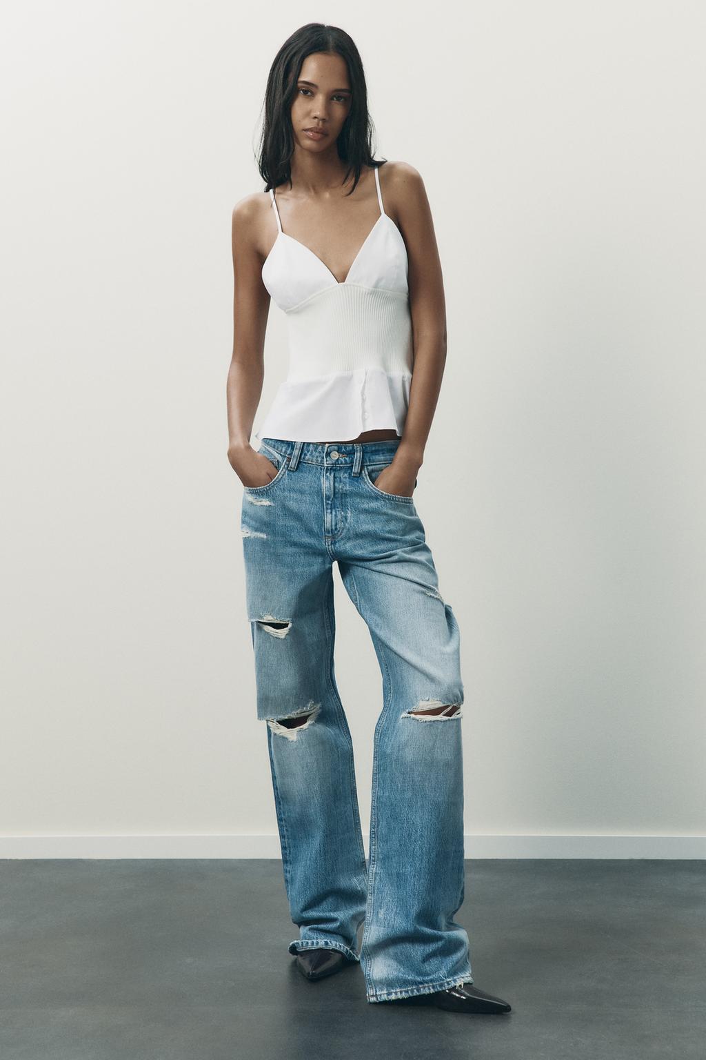 

Рваные джинсы trf со средней талией ZARA, синий