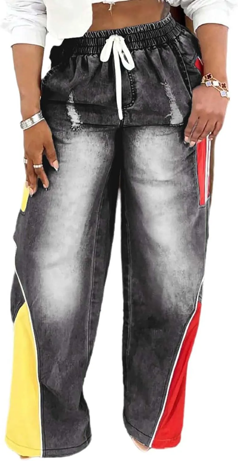 

Женские джинсы с высокой талией и широкими штанинами в стиле пэчворк QLAUYIOE