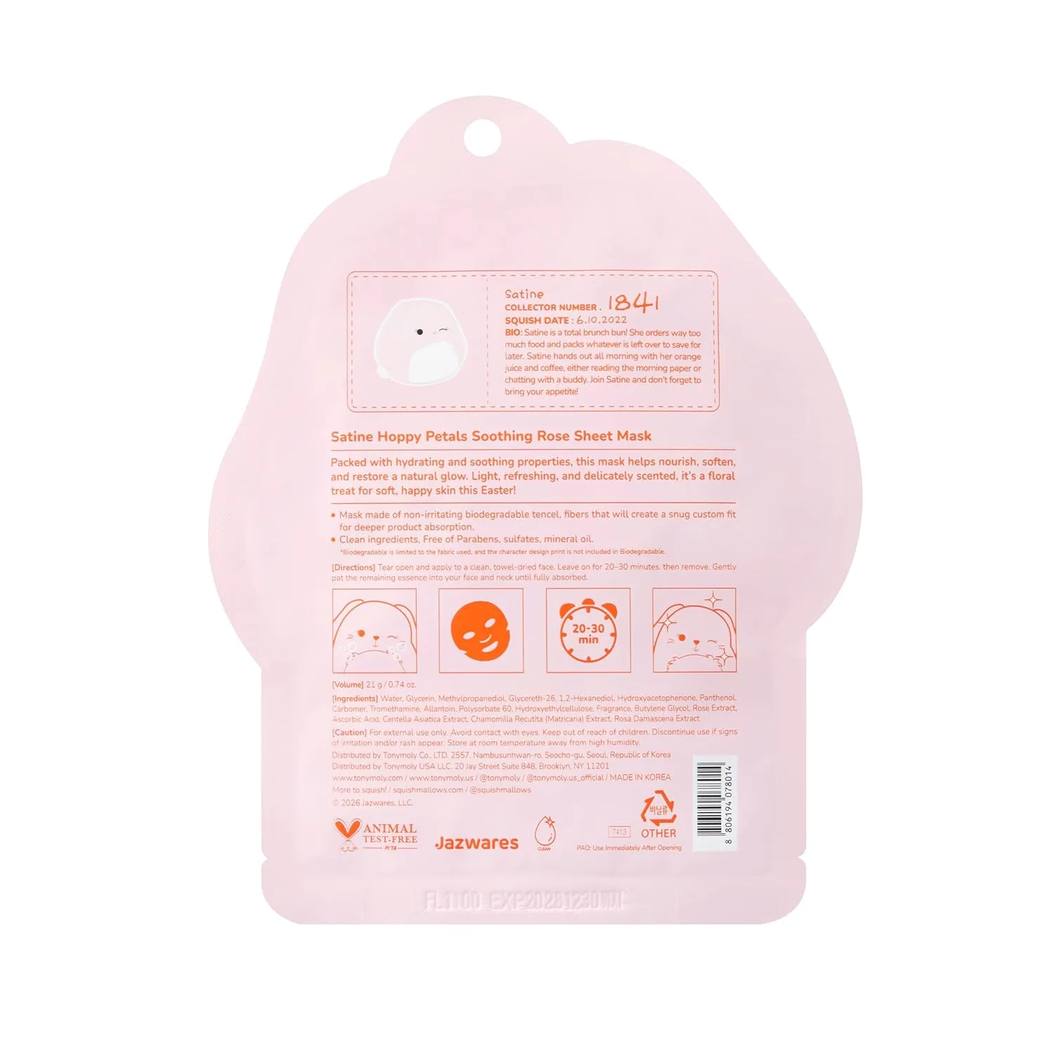 Тканевая маска TONYMOLY — X Squishmallows Satine Hoppy Petals Sheet Mask, успокаивающая с розой и ромашкой — фото 3