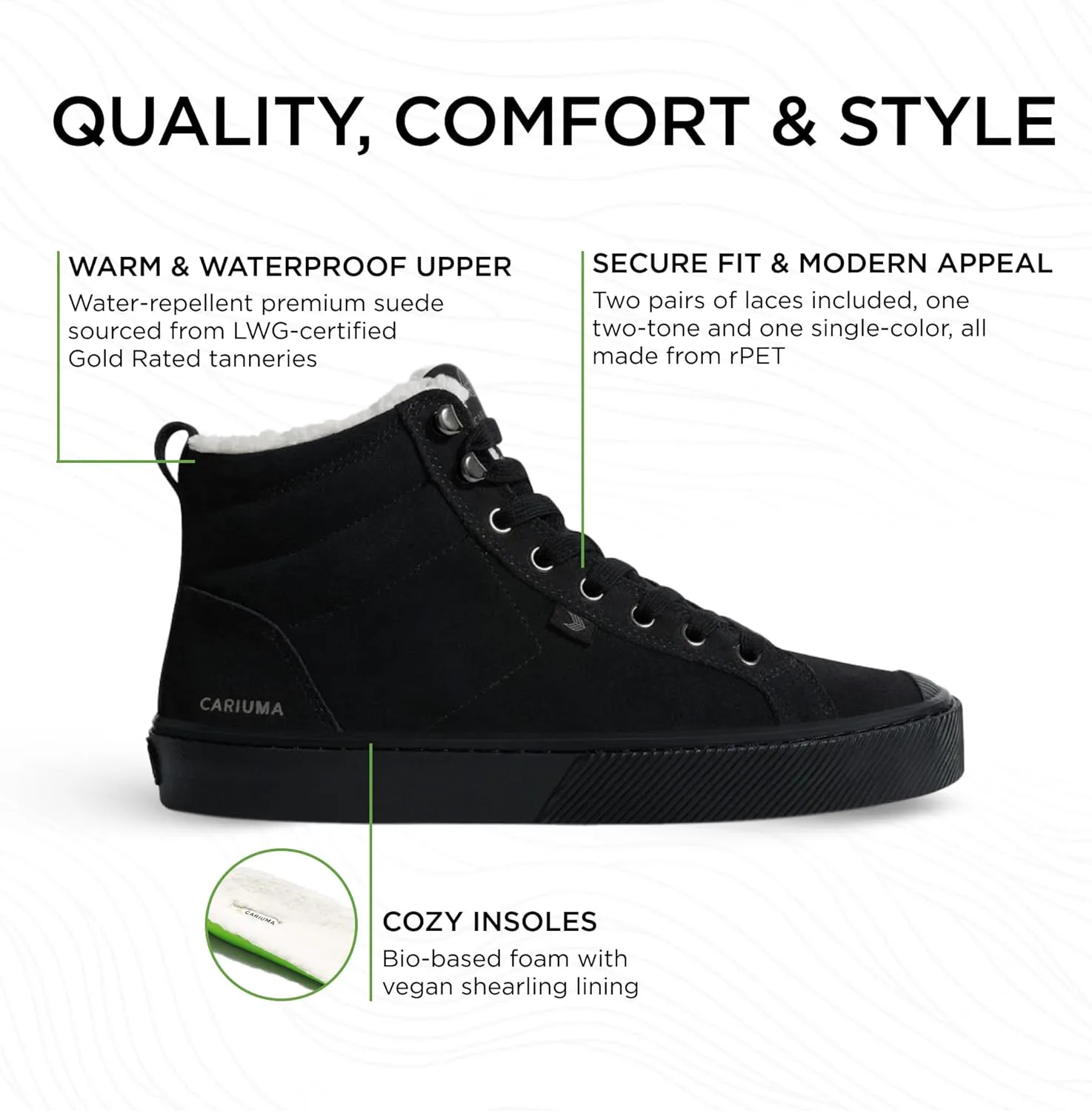 Ботинки Cariuma OCA Therma High Tops из замши, удобная обувь для мужчин, легкие и экологичные, универсальная повседневная обувь с 100% веганскими стельками и резиновой подошвой, черный — фото 2