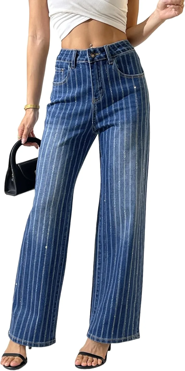 

Heipeiwa Женские джинсы с полосками и стразами High Waist Wide Leg