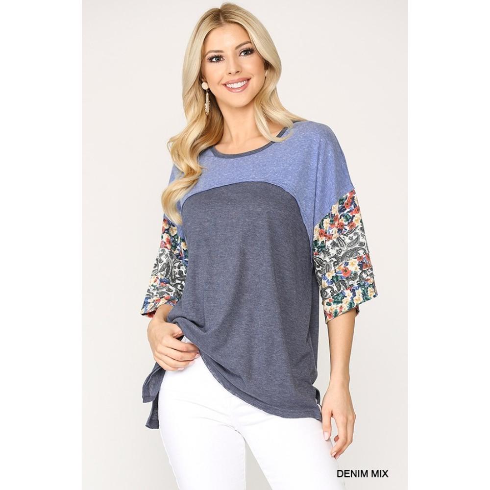 

Топ из трикотажа Colorblock с цветочным принтом и рукавом «летучая мышь» FASHNZFAB, цвет denim mix