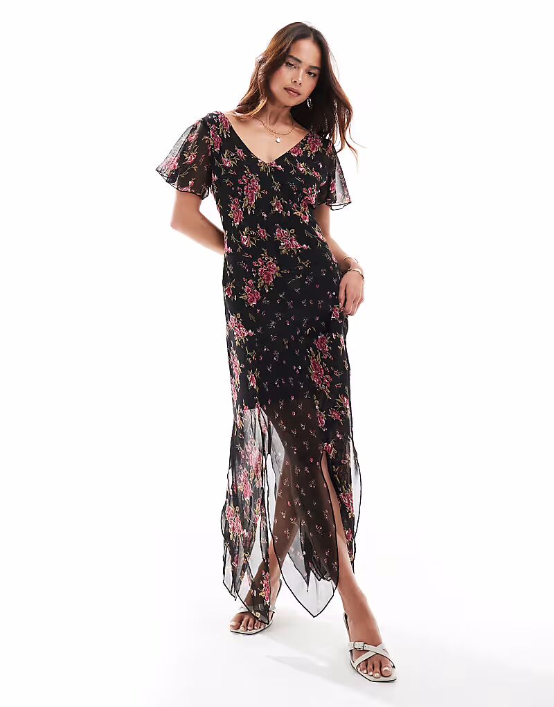 

Платье миди ASOS DESIGN с V-образным вырезом и черным цветочным принтом