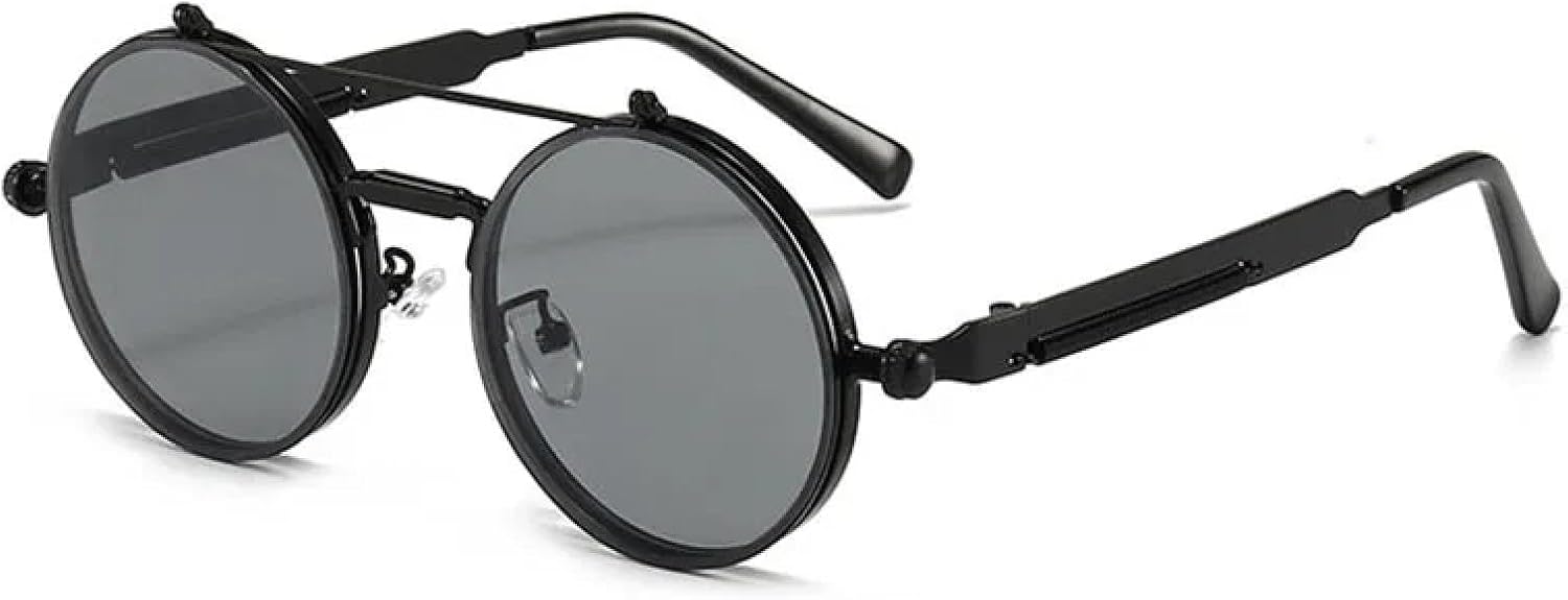 

Классические винтажные круглые солнцезащитные очки в стиле стимпанк для мужчин и женщин, с металлическими зеркальными откидными линзами, защита от УФ-излучения UV400 TKKTLLT, Black Black