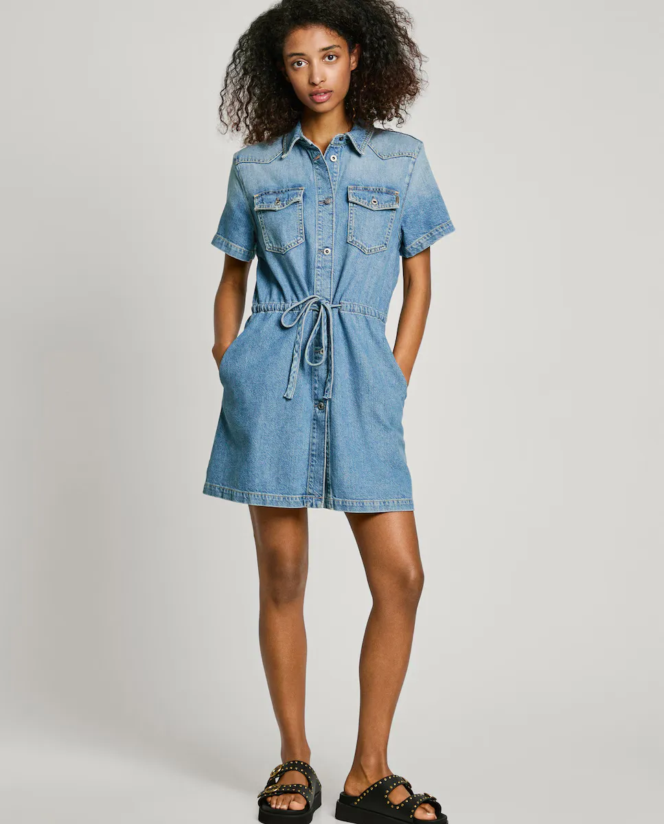 

Короткое джинсовое платье с воротником-стойкой Pepe Jeans, светло-голубой