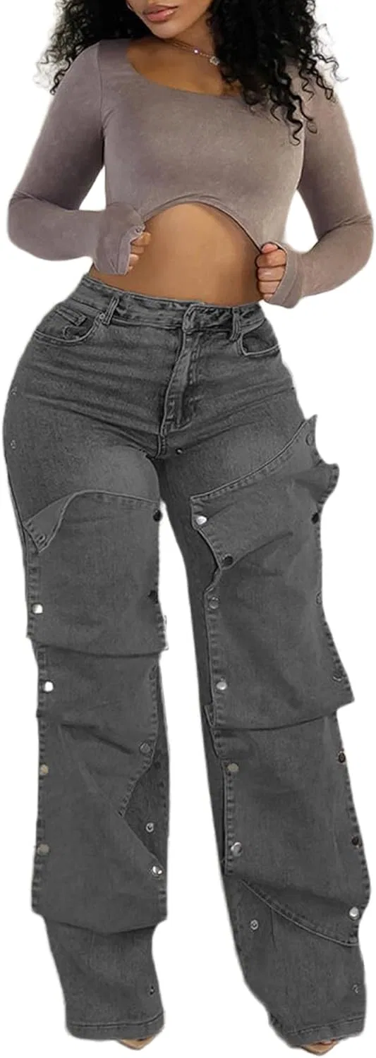 Джинсы женские с карманами, Wide Leg, Y2K, Серый