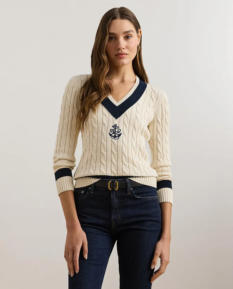 

Женский хлопковый свитер с V-образным вырезом Lauren Ralph Lauren, естественный