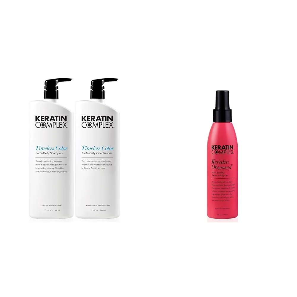 Шампунь и кондиционер Keratin Complex - Timeless Color Fade (33,8 жидких унций каждый) и многофункциональный лечебный спрей Keratin Obsessed (5 жидких унций).
