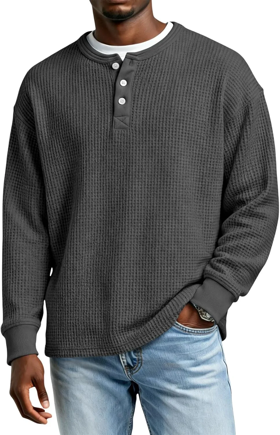 

Мужская футболка-поло Waffle Knit Henley, длинный рукав, Regular Fit, S-4XL