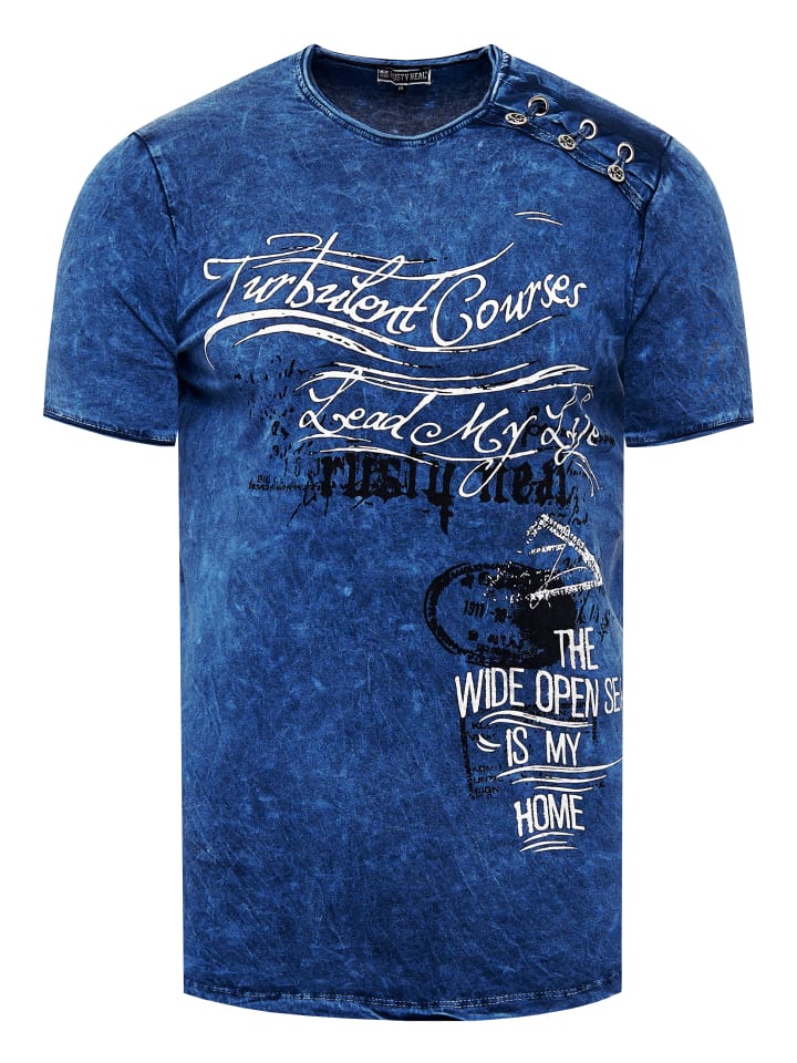 

Футболка из промасленной ткани с планкой на пуговицах по бокам и принтами темно-синего цвета. Rusty Neal, Синий, Футболка из промасленной ткани с планкой на пуговицах по бокам и принтами темно-синего цвета. Rusty Neal