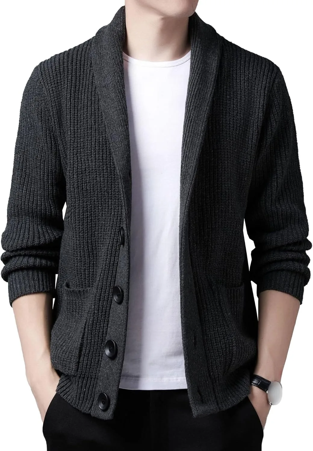 

Мужской кардиган с кабельной вязкой и классическим воротником Gsywaipei