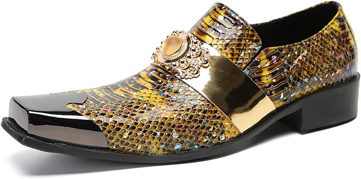 

Мужские слипон-лоферы Santimon - туфли из натуральной кожи с желтыми камнями и металлическим квадратным мысом, для свадьбы, вечеринок, диско и бара