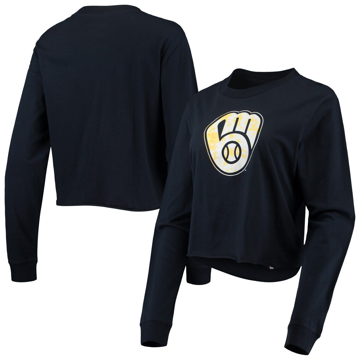 

Женская укороченная футболка из джерси с длинными рукавами New Era Navy Milwaukee Brewers Baby New Era