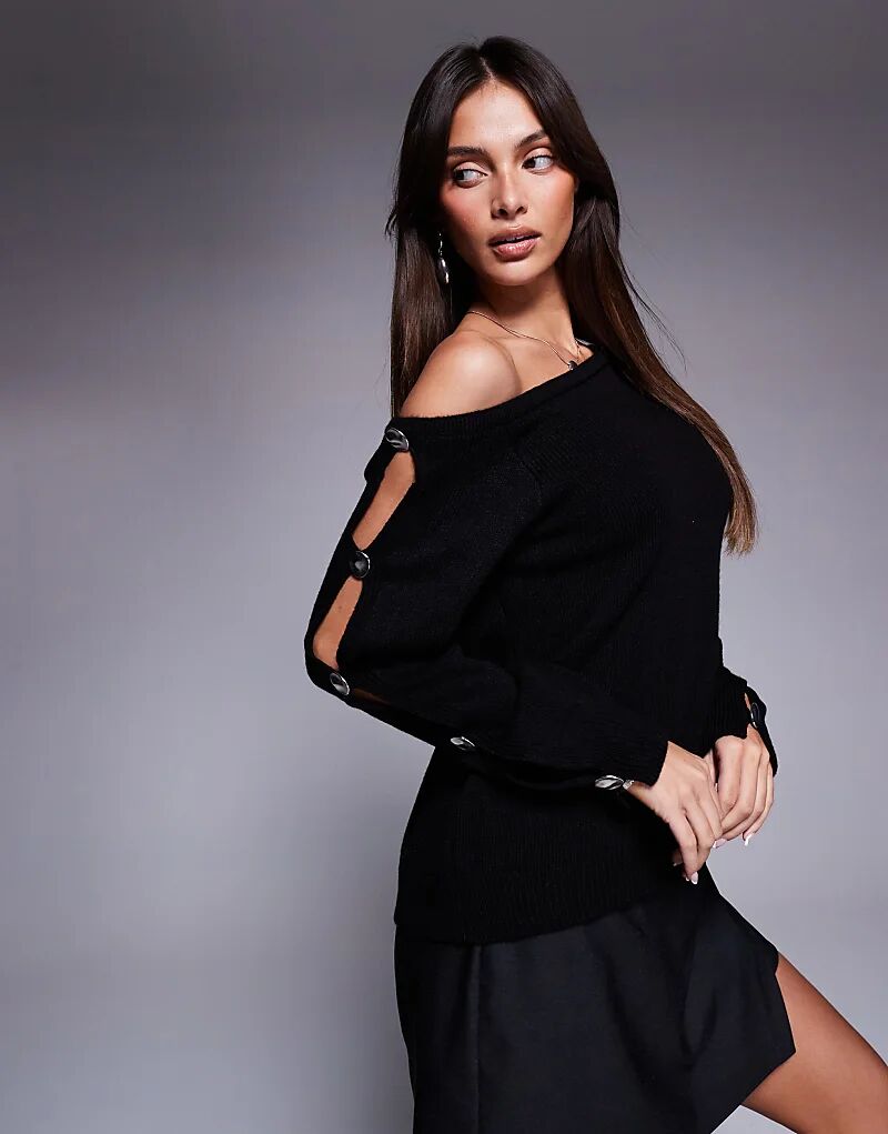 

Черный свитер ASOS DESIGN с открытыми плечами и рукавами на металлических пуговицах