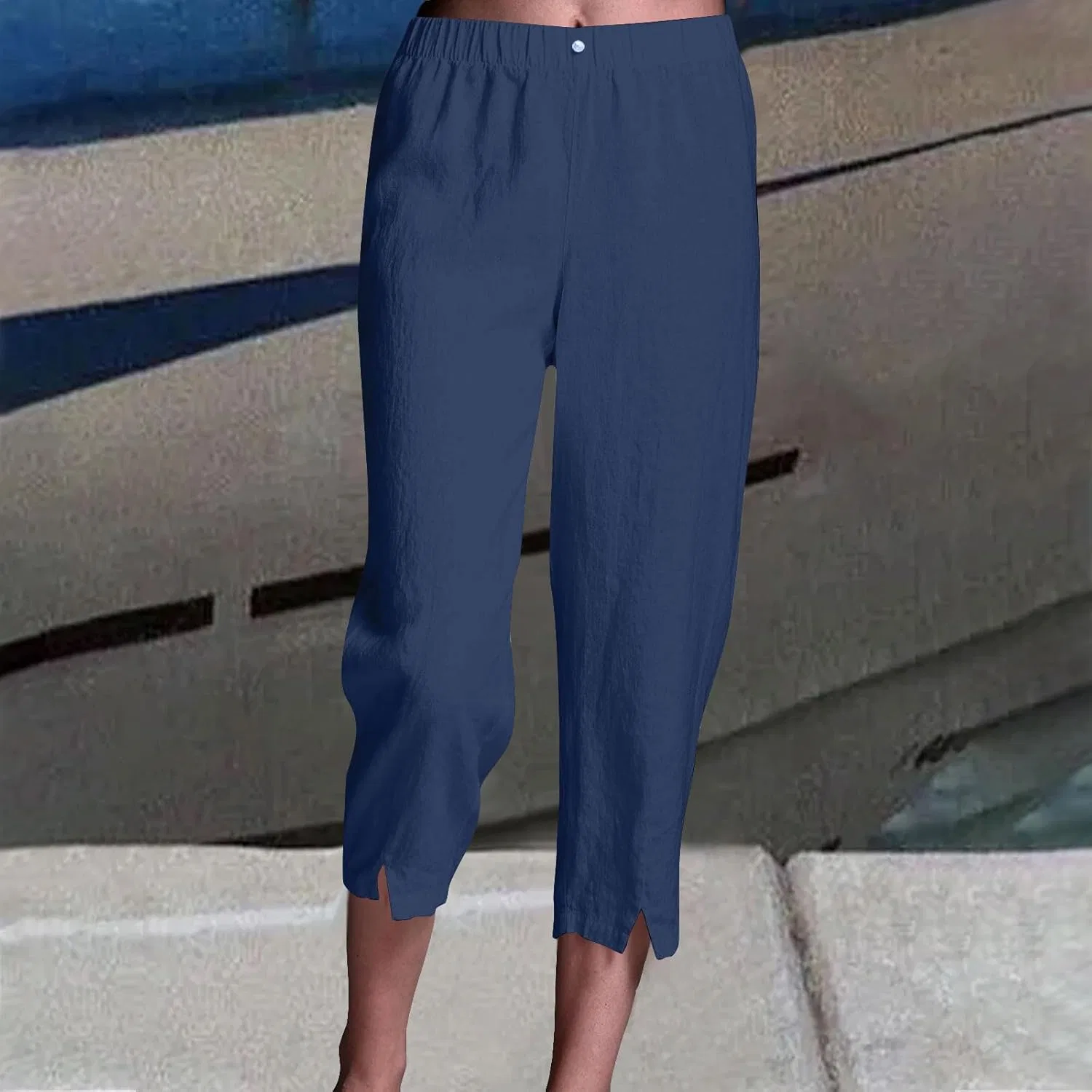 Льняные брюки женские 2026 Capri Pants с разрезом спереди, прямые, повседневные, свободные, с эластичной талией, укороченные Generic, темно-синий — фото 2
