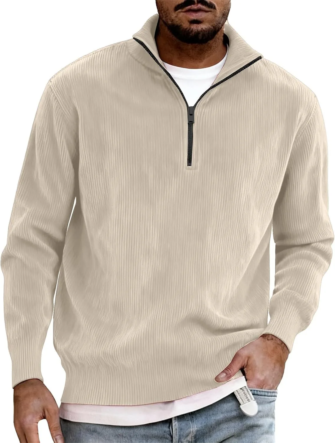 

Мужской пуловер на четверть молнии из вельвета — Slim Fit, легкий трикотаж