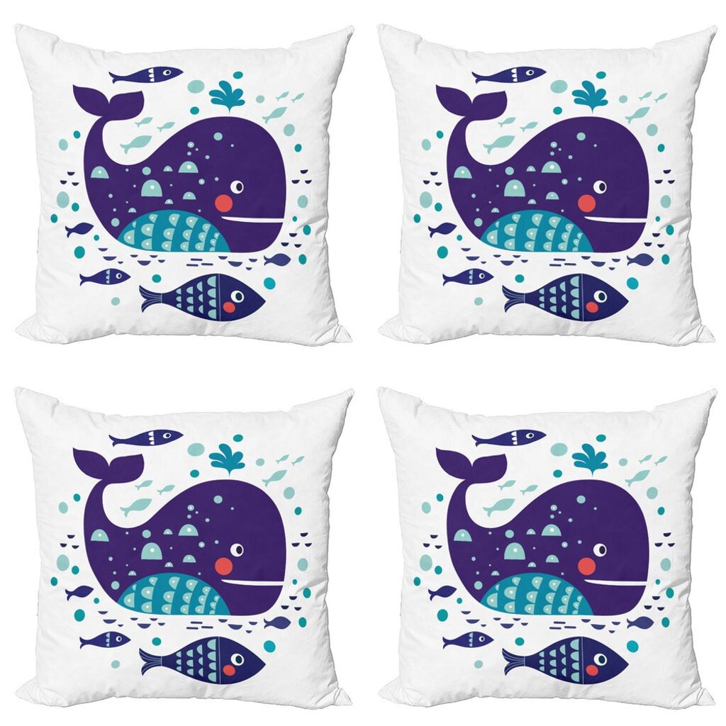 

ABAKUHAUS Набор чехлов для подушек с китами (4 предмета), Ocean Cartoon Big Fish, современная двусторонняя цифровая печать, 40 см x 40 см, фиолетовый, бирюзово-белый