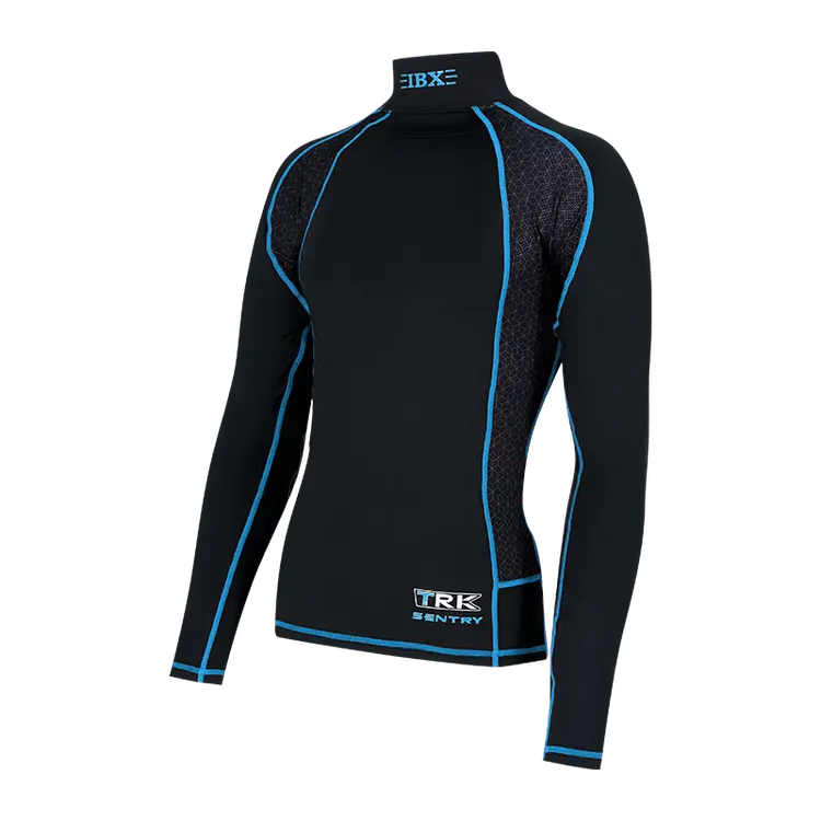 

He Jiagong Детский и юношеский комплект для хоккея с быстрой сушкой, водолазка с круглым вырезом, защита от порезов и впитывающая влагу, защита паха, черный с синим - TRK с высоким воротником, размер M (рост 125-140 см), универсальный размер