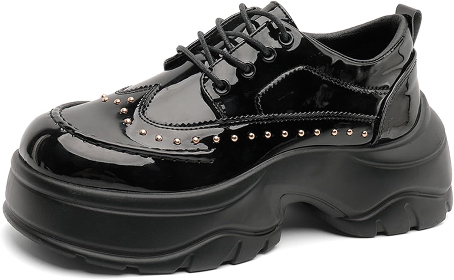 

Мужские оксфорды на шнуровке с лакированной кожей, платформой и заклепками, с круглым носком, удобные дерби для офиса, повседневной носки и вечеринок Tznbgge, черный