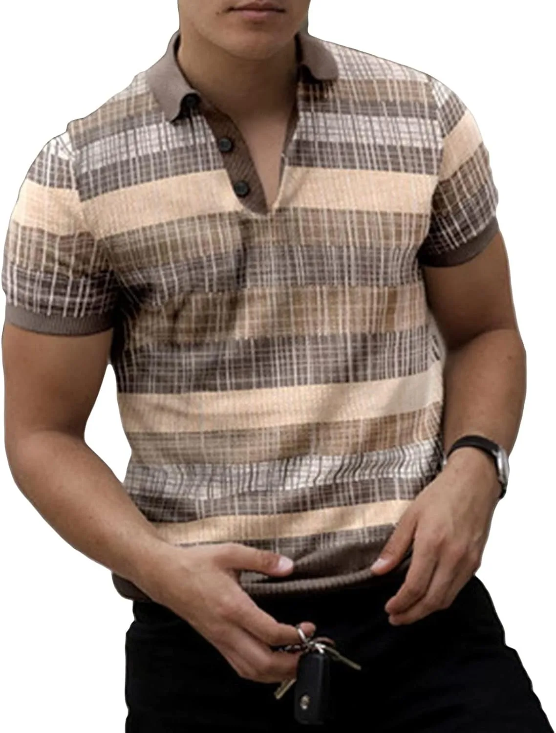 

Мужская футболка с четвертью молнии вязаная casual slim fit в полоску vintage с коротким рукавом